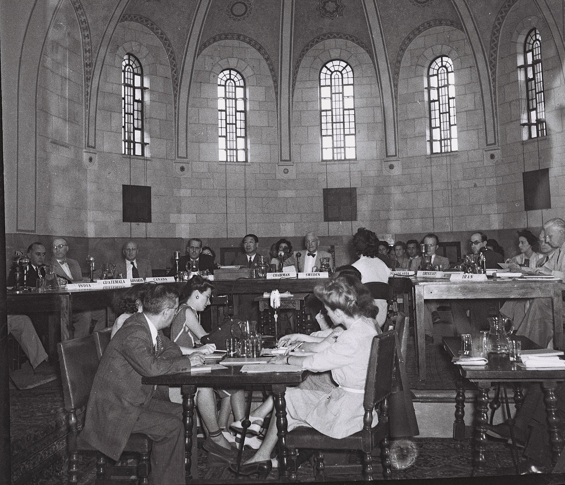 Session of the United Nations Special Committee on Palestine at the YMCA in Jerusalem, 1947